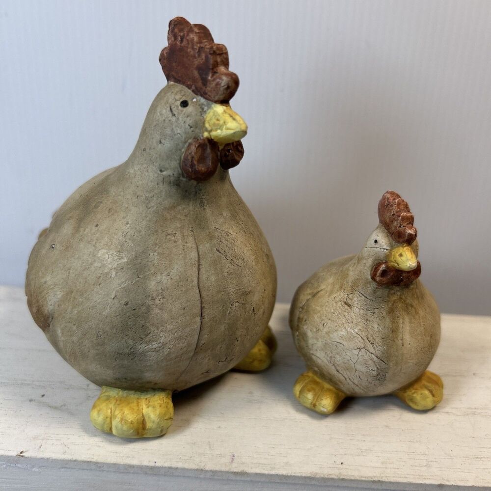 Primitive Farmhouse Chicken Hen Figurine Set Of 2 Distressed Rustic Country
